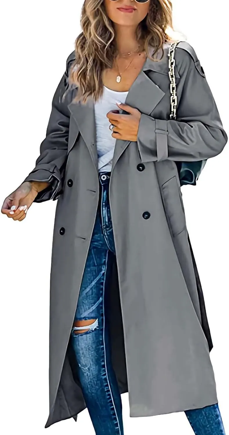 Trench Coat Women Waterproof Double Breasted Long Coats Trendy Notch Collar Jackets Fall Windbreaker with Pockets