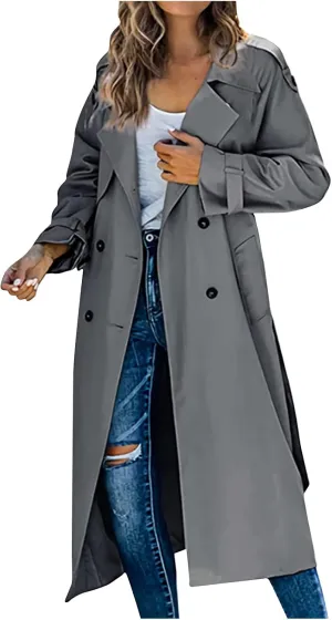 Trench Coat Women Waterproof Double Breasted Long Coats Trendy Notch Collar Jackets Fall Windbreaker with Pockets