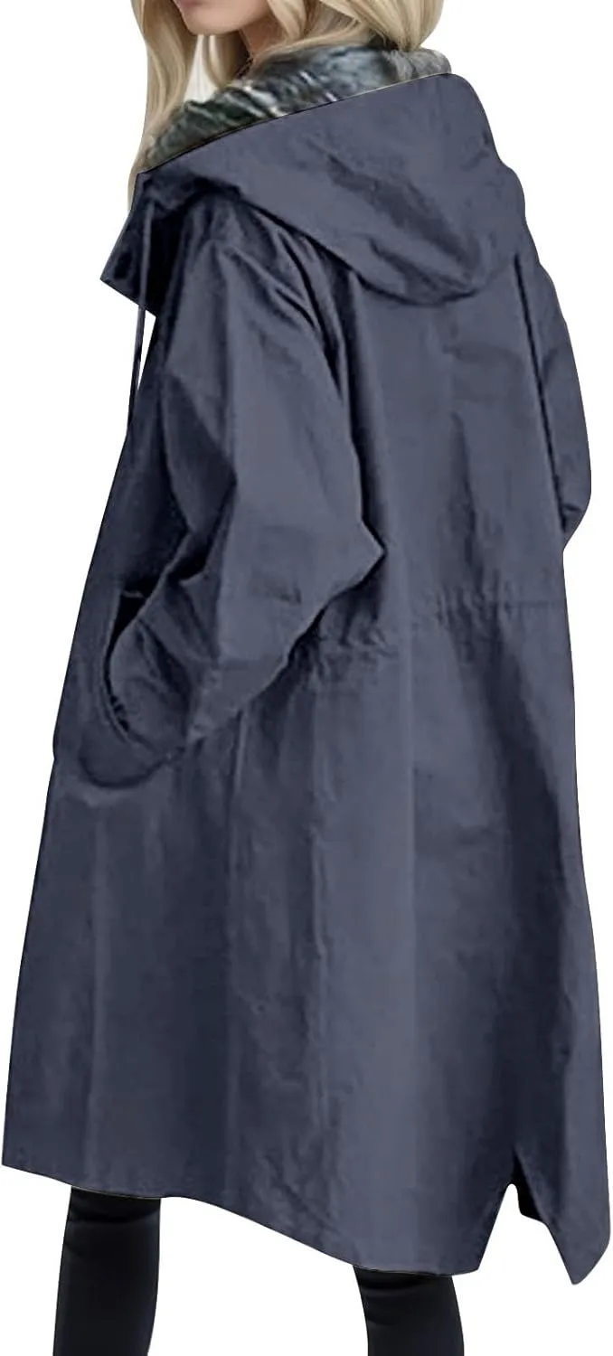 Trench Coat Women,2025 Winter Trendy Button Hooded Windbreaker Casual Loose Long Sleeve Oversized Fall Overcoat