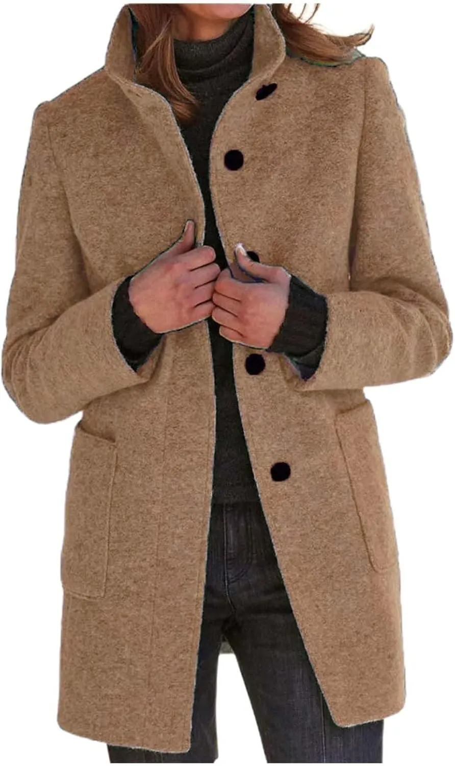 Trench Coats Women Stand Collar Single Breasted Winter Open Front Solid Color Peacoat With Pocket Lapel Outwear Jacket