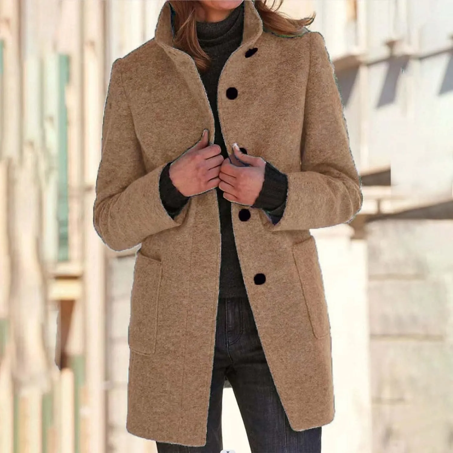 Trench Coats Women Stand Collar Single Breasted Winter Open Front Solid Color Peacoat With Pocket Lapel Outwear Jacket