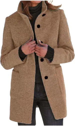 Trench Coats Women Stand Collar Single Breasted Winter Open Front Solid Color Peacoat With Pocket Lapel Outwear Jacket