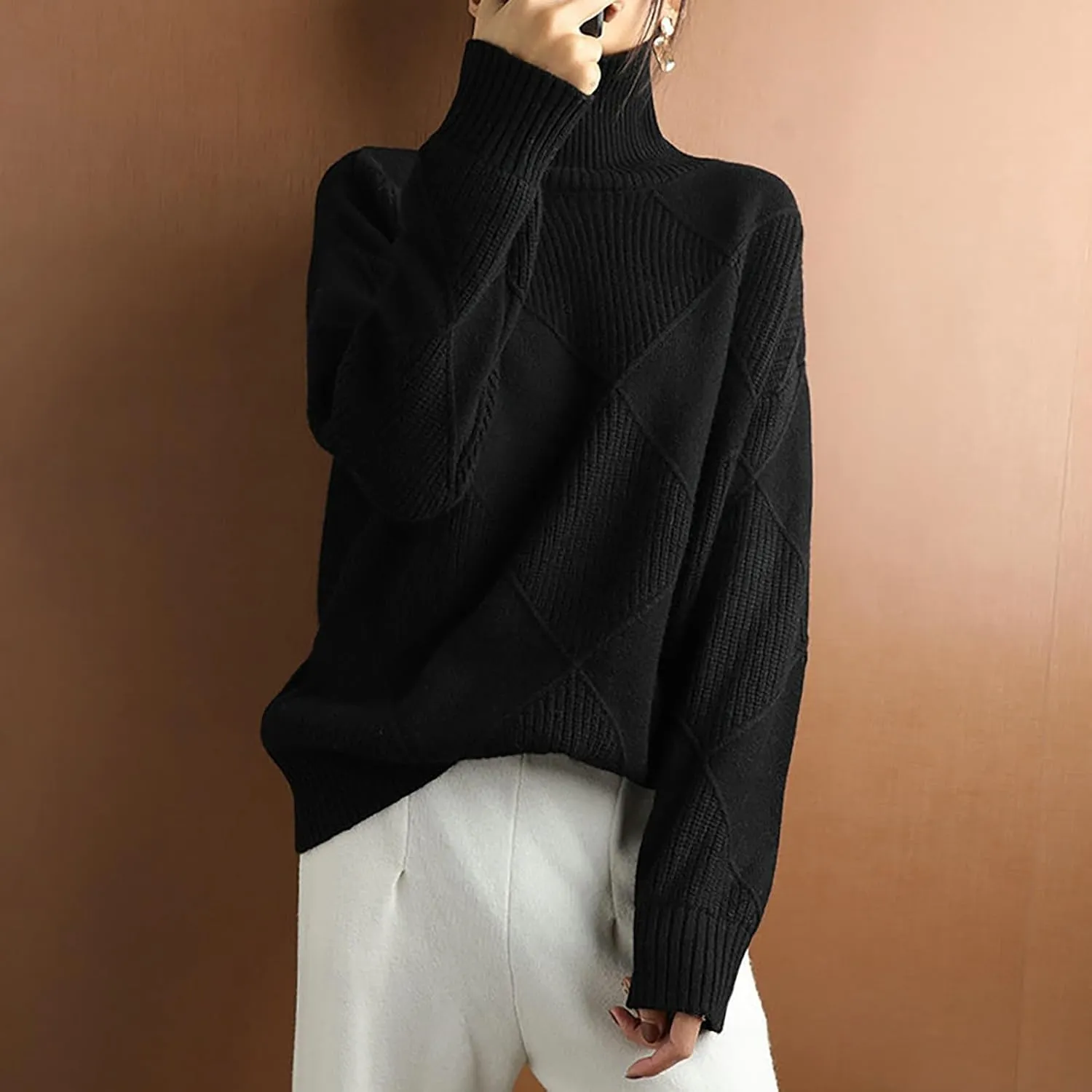 Turtleneck Sweater for Women Cable Knit Long Sleeve Casual Shirts Fashion Fall Outfits Solid Color Layer Blouse