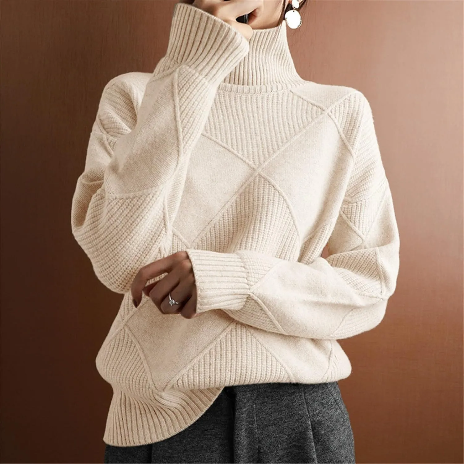 Turtleneck Sweater for Women Cable Knit Long Sleeve Casual Shirts Fashion Fall Outfits Solid Color Layer Blouse