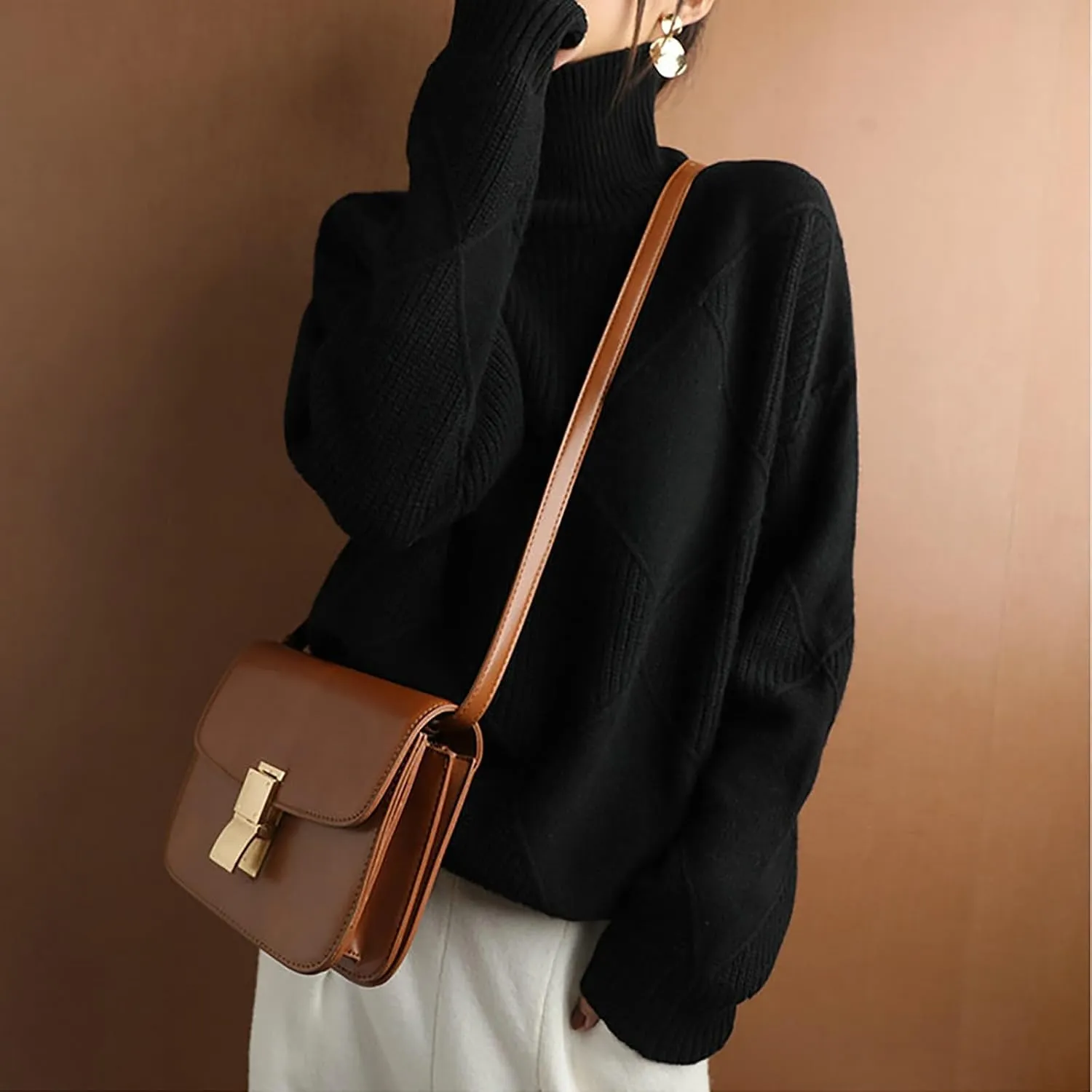 Turtleneck Sweater for Women Cable Knit Long Sleeve Casual Shirts Fashion Fall Outfits Solid Color Layer Blouse