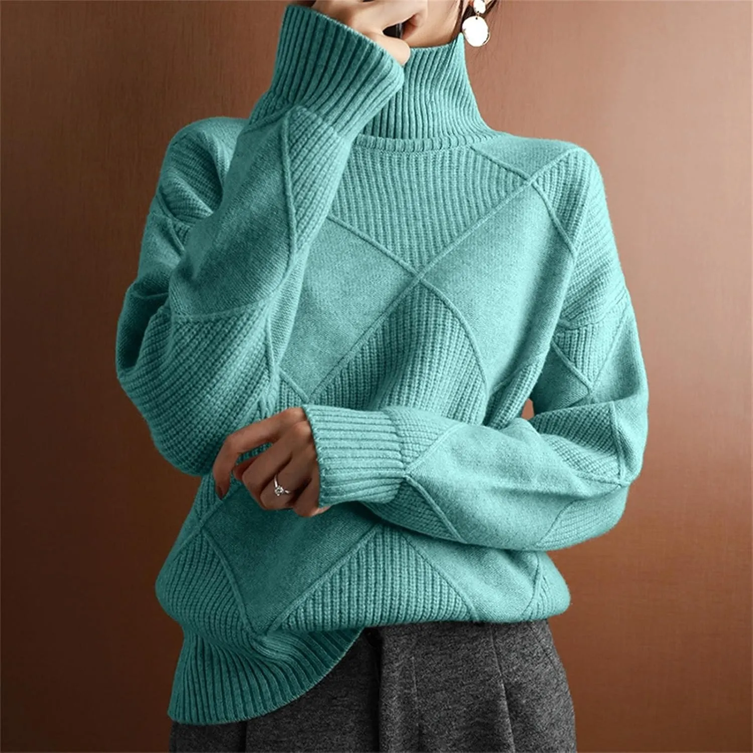 Turtleneck Sweater for Women Cable Knit Long Sleeve Casual Shirts Fashion Fall Outfits Solid Color Layer Blouse