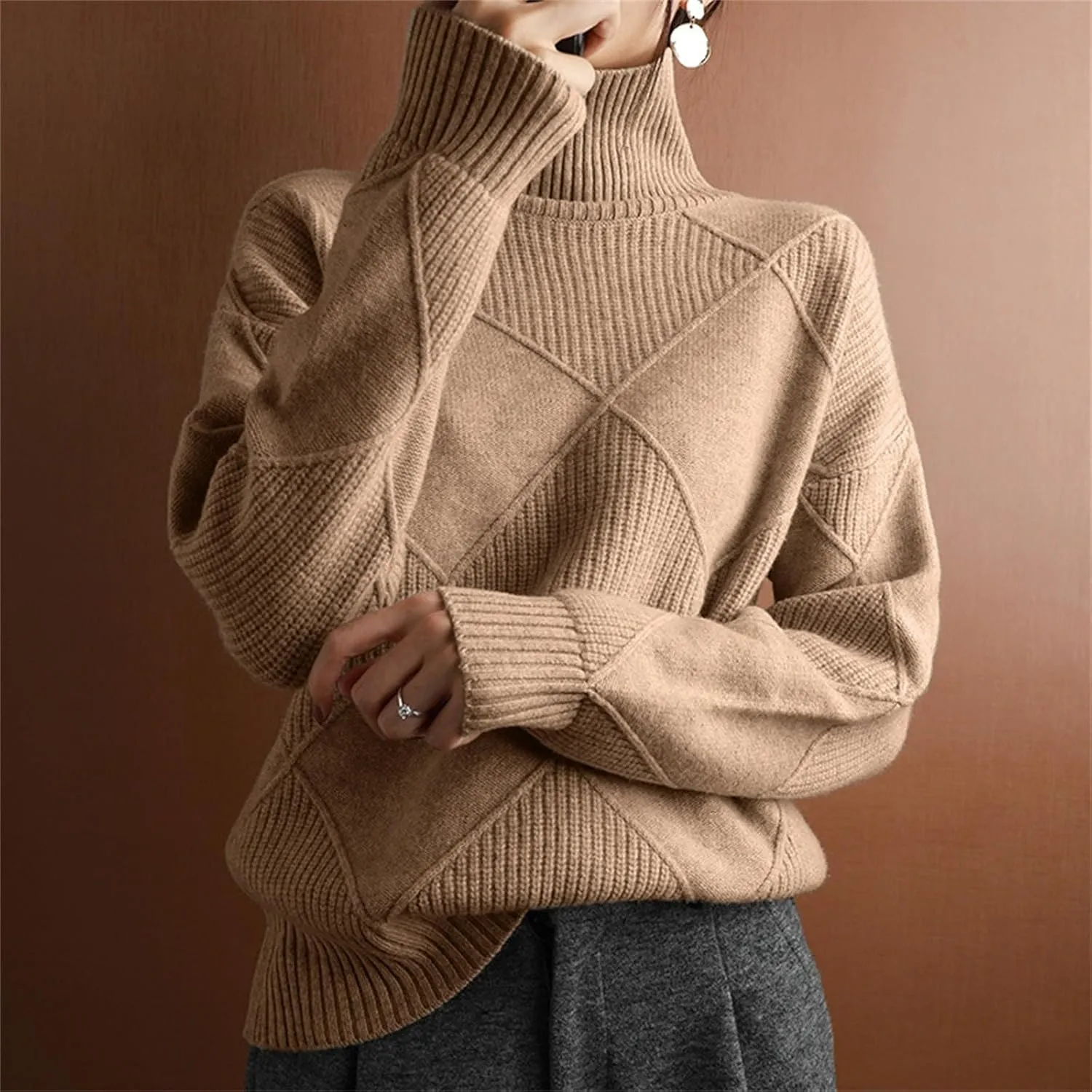 Turtleneck Sweater for Women Cable Knit Long Sleeve Casual Shirts Fashion Fall Outfits Solid Color Layer Blouse