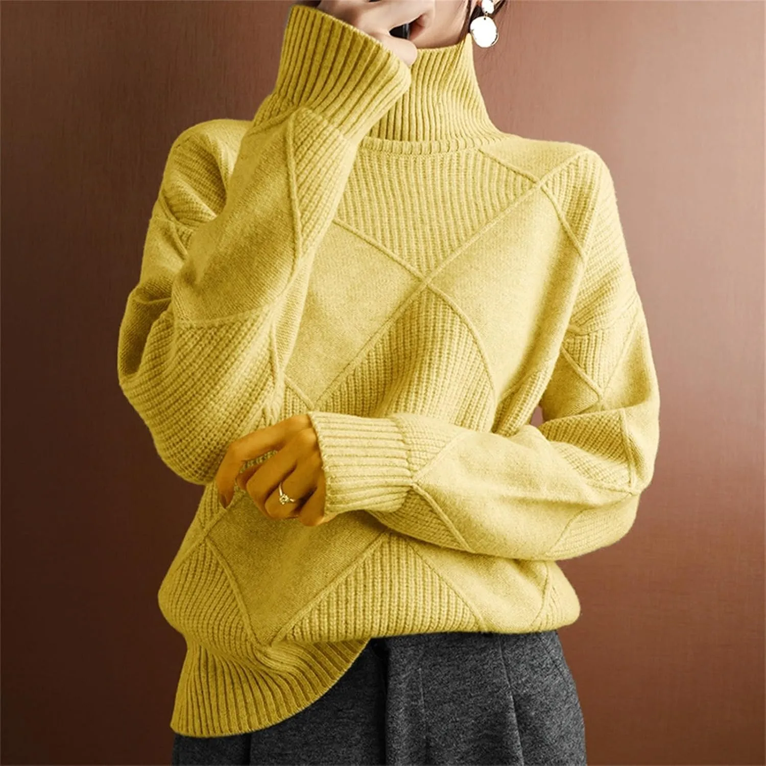 Turtleneck Sweater for Women Cable Knit Long Sleeve Casual Shirts Fashion Fall Outfits Solid Color Layer Blouse