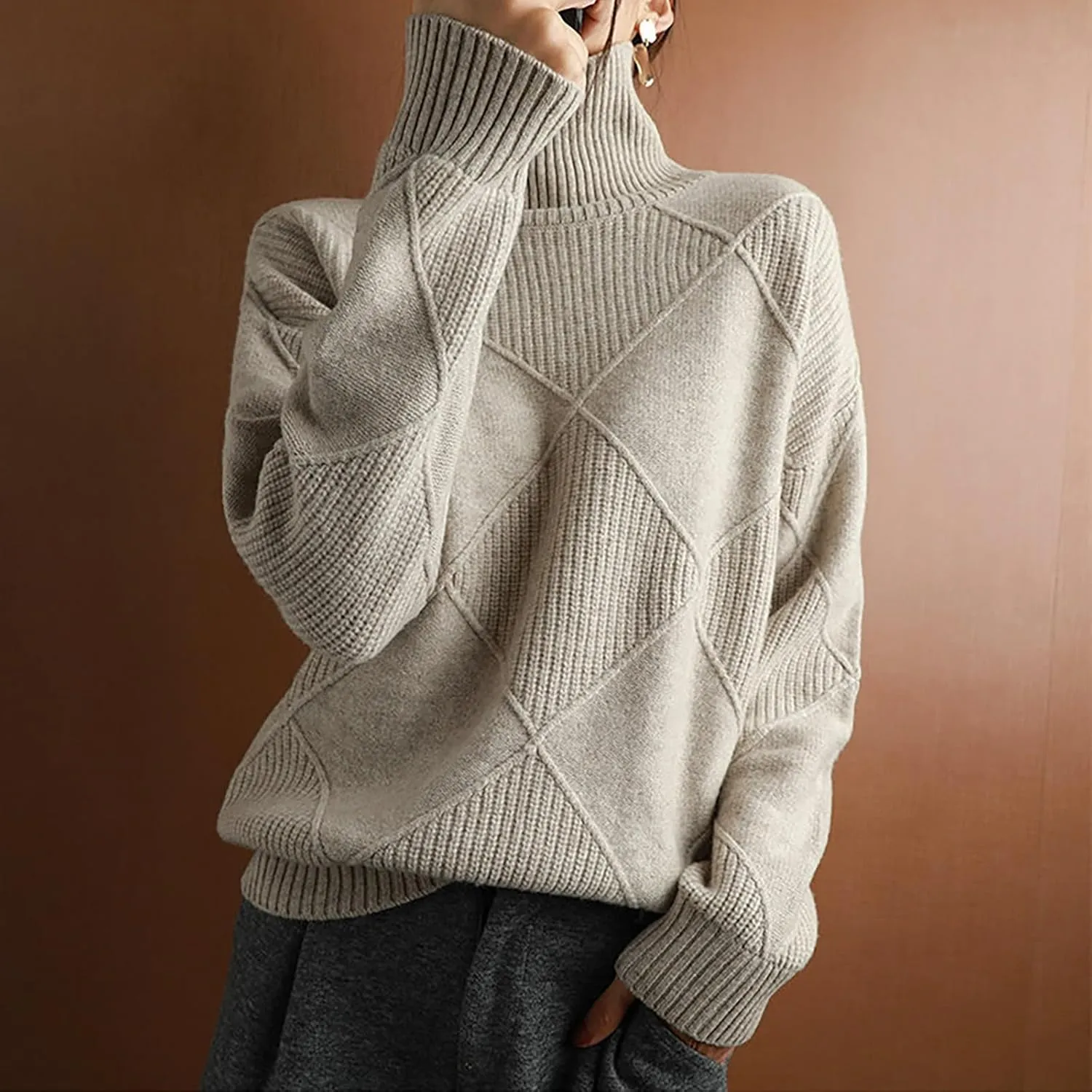 Turtleneck Sweater for Women Cable Knit Long Sleeve Casual Shirts Fashion Fall Outfits Solid Color Layer Blouse