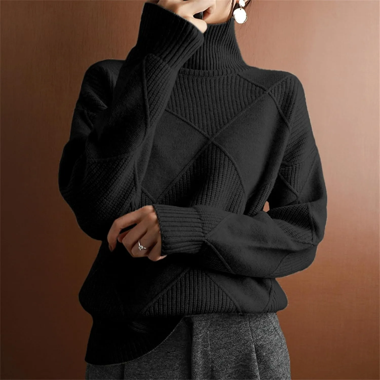 Turtleneck Sweater for Women Cable Knit Long Sleeve Casual Shirts Fashion Fall Outfits Solid Color Layer Blouse