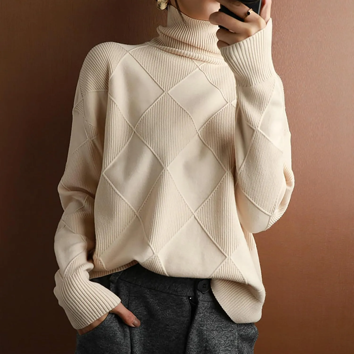Turtleneck Sweater for Women Cable Knit Long Sleeve Casual Shirts Fashion Fall Outfits Solid Color Layer Blouse