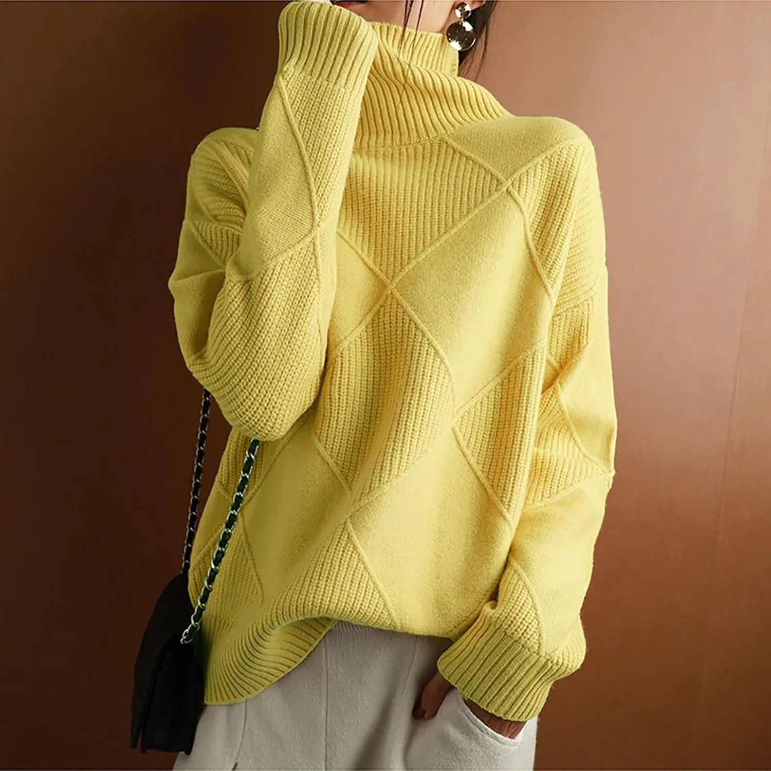Turtleneck Sweater for Women Cable Knit Long Sleeve Casual Shirts Fashion Fall Outfits Solid Color Layer Blouse