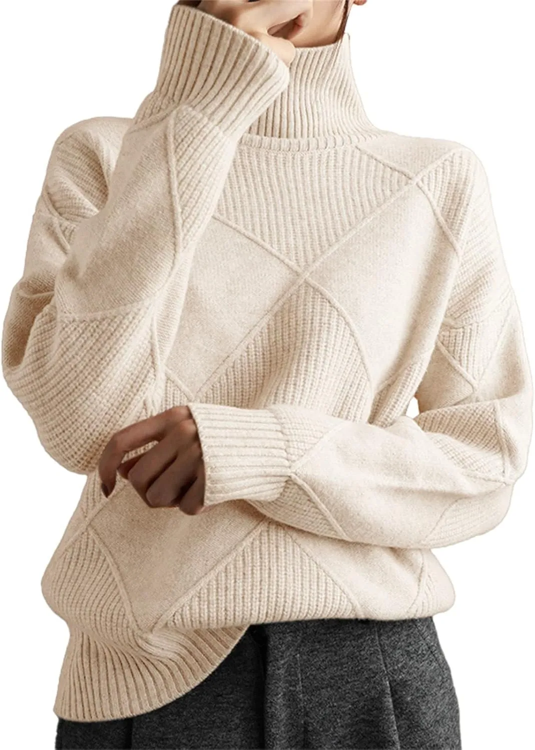 Turtleneck Sweater for Women Cable Knit Long Sleeve Casual Shirts Fashion Fall Outfits Solid Color Layer Blouse