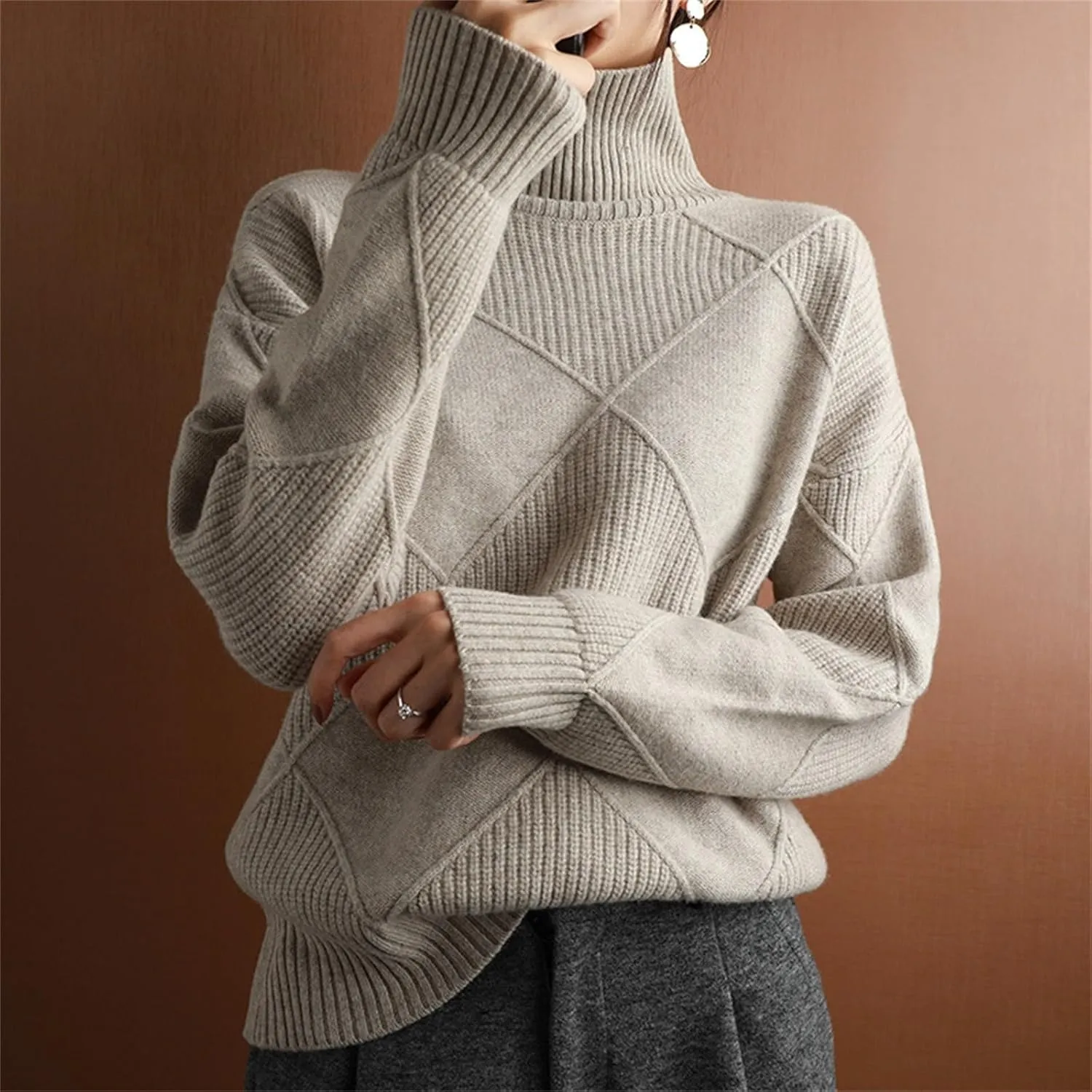 Turtleneck Sweater for Women Cable Knit Long Sleeve Casual Shirts Fashion Fall Outfits Solid Color Layer Blouse