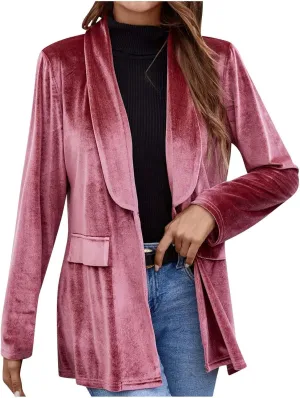 Velvet Blazer Women Fall Dressy Casual Open Front One Button Blazers Retro Velour Long Sleeve Work Office Jacket