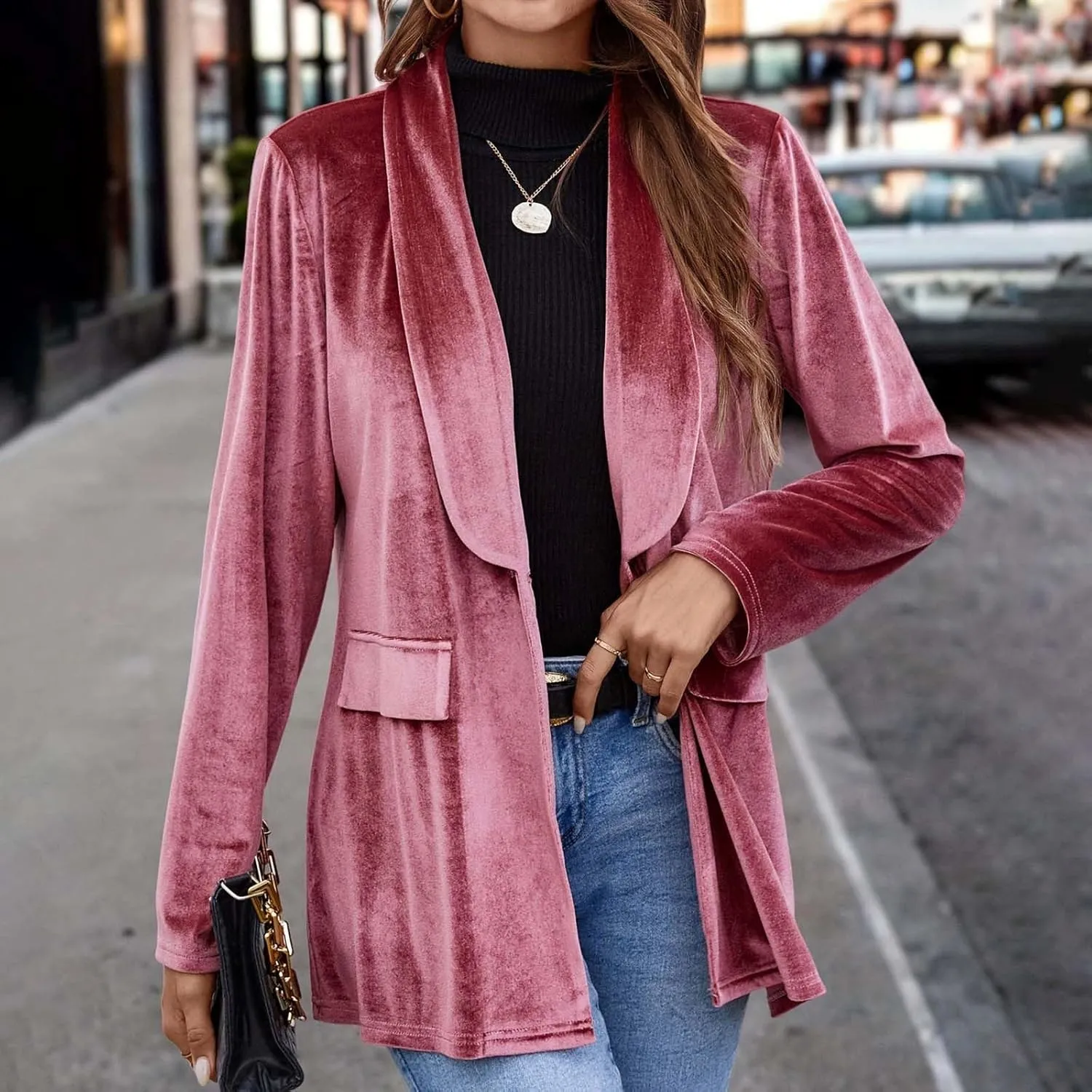 Velvet Blazer Women Fall Dressy Casual Open Front One Button Blazers Retro Velour Long Sleeve Work Office Jacket