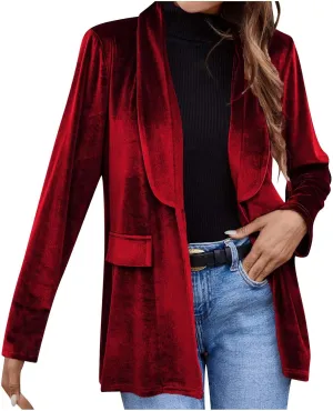 Velvet Blazer Women Fall Dressy Casual Open Front One Button Blazers Retro Velour Long Sleeve Work Office Jacket
