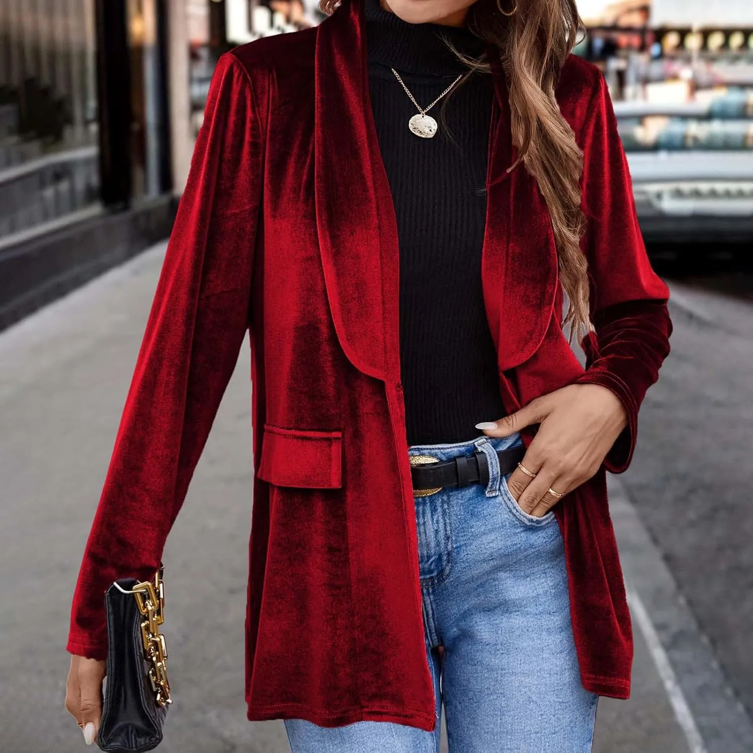 Velvet Blazer Women Fall Dressy Casual Open Front One Button Blazers Retro Velour Long Sleeve Work Office Jacket