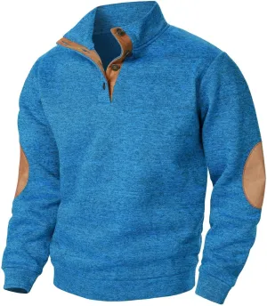 Vintage Polo Sweatshirt for Men 2024 Trendy Stand Collar Long Sleeve Patterned Pullover Elbow Patch Button Casual Top