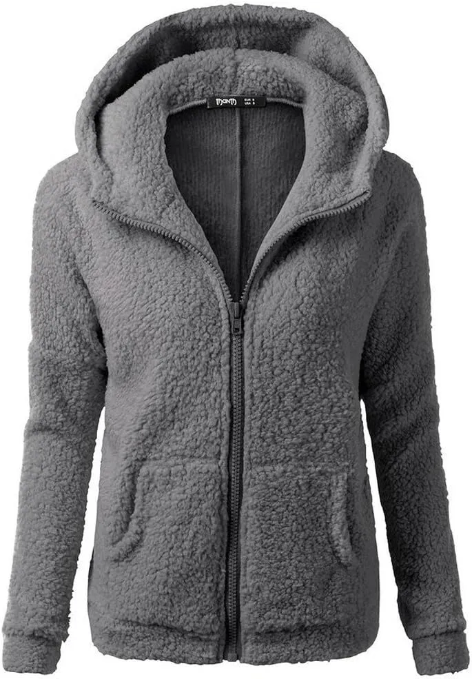 Winter Coats for Women Fuzzy Fleece Hooded Jacket Casual Solid Warm Zipper Outwear Loose Soft Long Sleeve Teddy Coat