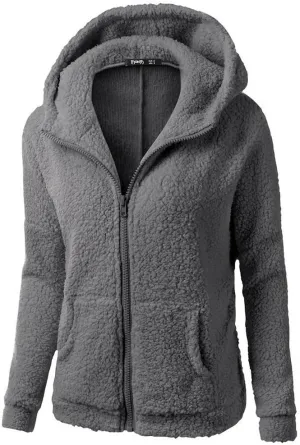 Winter Coats for Women Fuzzy Fleece Hooded Jacket Casual Solid Warm Zipper Outwear Loose Soft Long Sleeve Teddy Coat