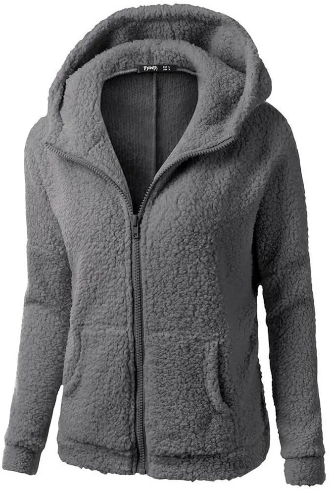 Winter Coats for Women Fuzzy Fleece Hooded Jacket Casual Solid Warm Zipper Outwear Loose Soft Long Sleeve Teddy Coat