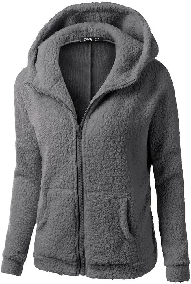 Winter Coats for Women Fuzzy Fleece Hooded Jacket Casual Solid Warm Zipper Outwear Loose Soft Long Sleeve Teddy Coat