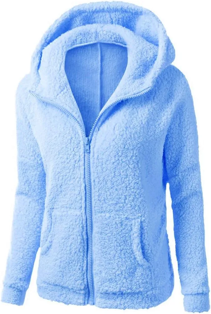 Winter Coats for Women Trendy Zipper Hooded Fleece Jacket Casual Warm Long Sleeve Padded Outwear Soft Comfy Teddy Coat