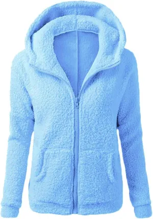 Winter Coats for Women Trendy Zipper Hooded Fleece Jacket Casual Warm Long Sleeve Padded Outwear Soft Comfy Teddy Coat