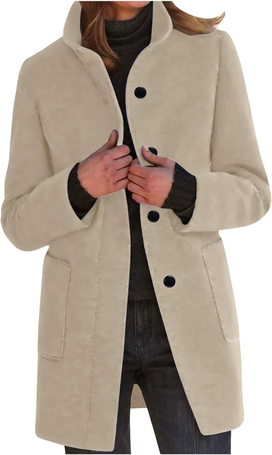 Winter Wool Pea Coat for Women Single Breasted Stand Collar Trench Coat Mid Length Loose Casual Overcoat