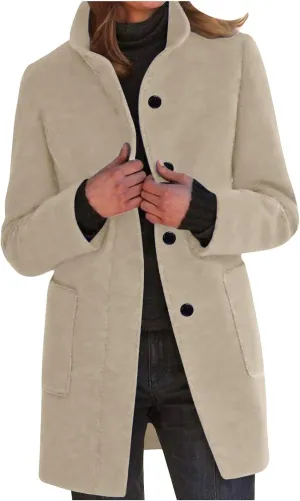 Winter Wool Pea Coat for Women Single Breasted Stand Collar Trench Coat Mid Length Loose Casual Overcoat