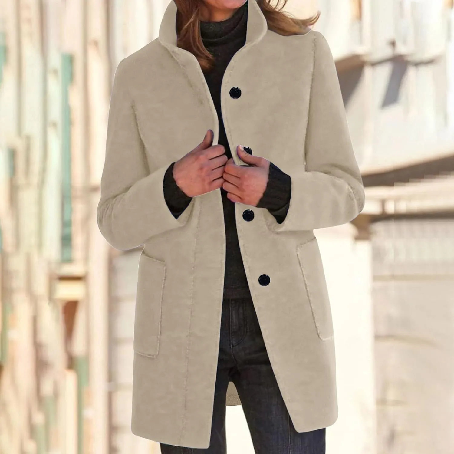 Winter Wool Pea Coat for Women Single Breasted Stand Collar Trench Coat Mid Length Loose Casual Overcoat