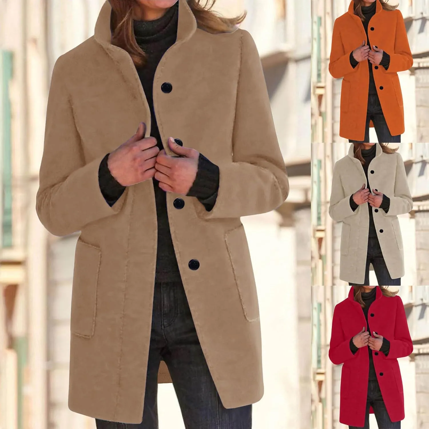 Winter Wool Pea Coat for Women Single Breasted Stand Collar Trench Coat Mid Length Loose Casual Overcoat