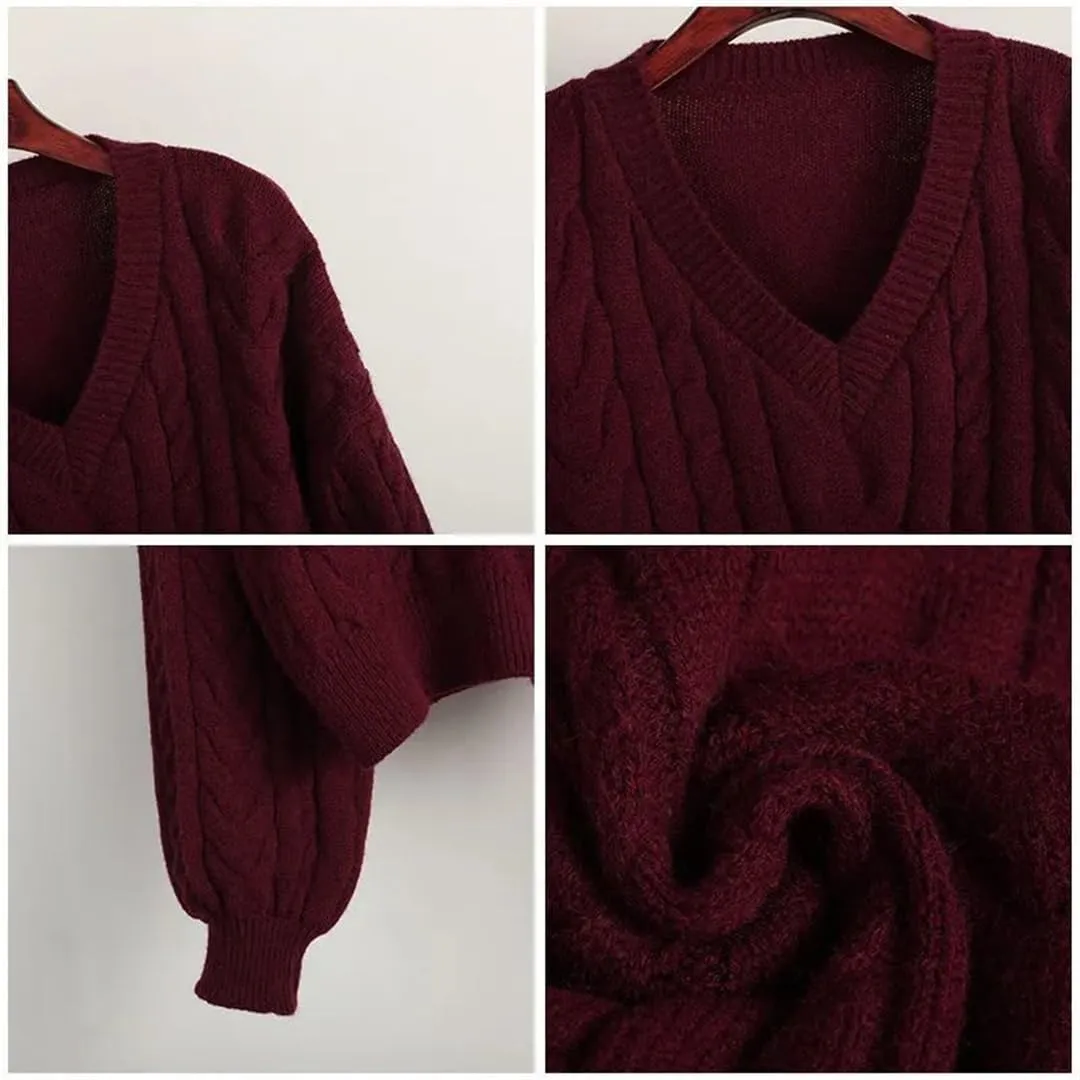 Women Cable Knit Sweater V-Neck Puff Sleeve Thicken Knitted Pullover Short Top