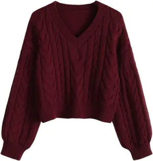 Women Cable Knit Sweater V-Neck Puff Sleeve Thicken Knitted Pullover Short Top