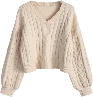 Women Cable Knit Sweater V-Neck Puff Sleeve Thicken Knitted Pullover Short Top
