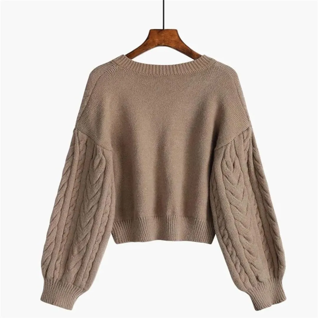 Women Cable Knit Sweater V-Neck Puff Sleeve Thicken Knitted Pullover Short Top