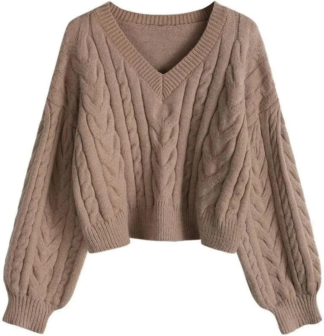 Women Cable Knit Sweater V-Neck Puff Sleeve Thicken Knitted Pullover Short Top