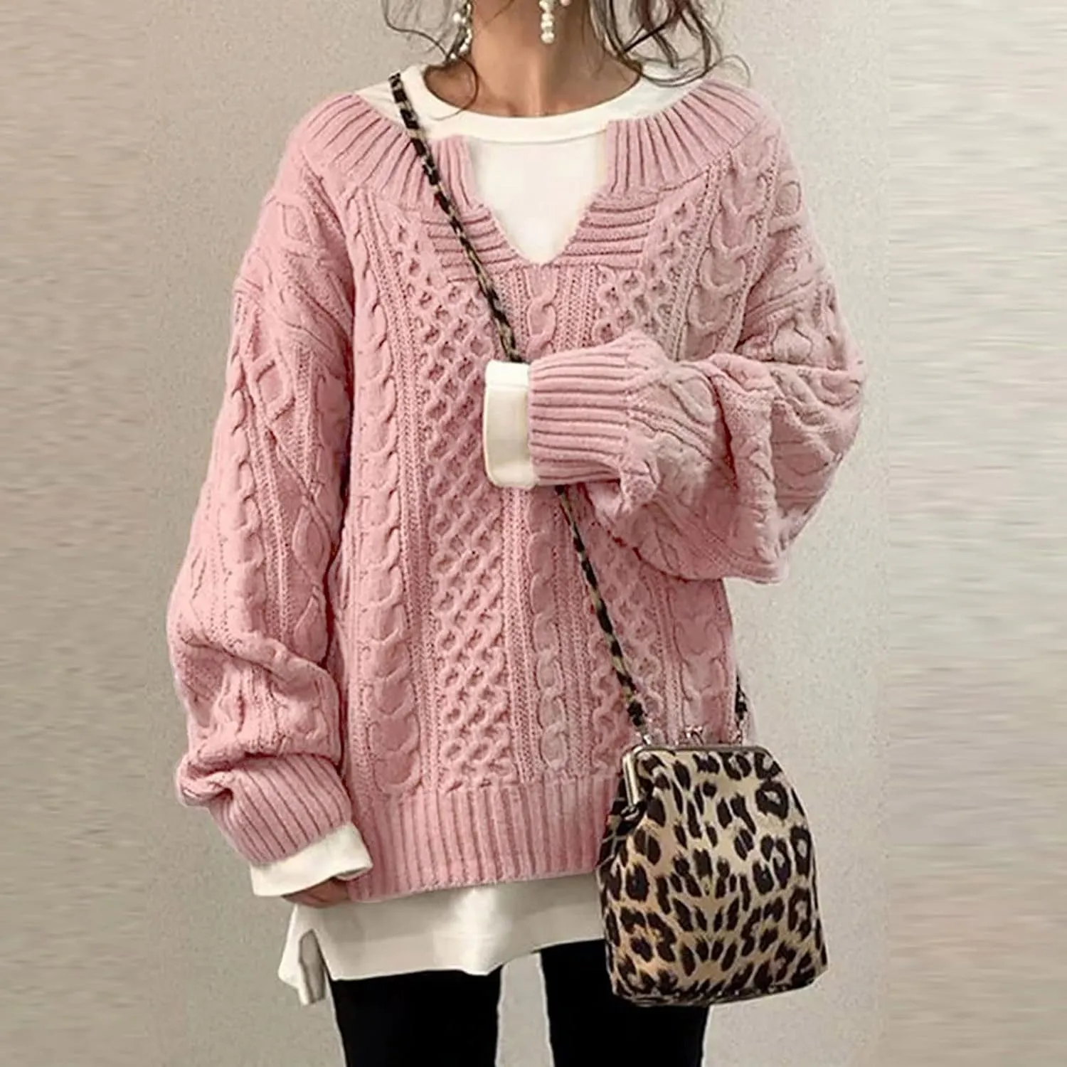 Women Cable Knitted Sweaters 2023 Fall V Neck Chunky Ribbed Sweaters Oversized Pullover Jumper Tops Fashion Outfits