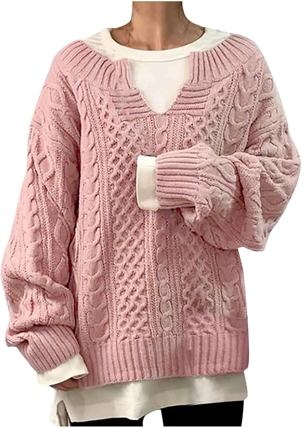 Women Cable Knitted Sweaters 2023 Fall V Neck Chunky Ribbed Sweaters Oversized Pullover Jumper Tops Fashion Outfits