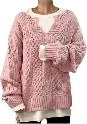 Women Cable Knitted Sweaters 2023 Fall V Neck Chunky Ribbed Sweaters Oversized Pullover Jumper Tops Fashion Outfits