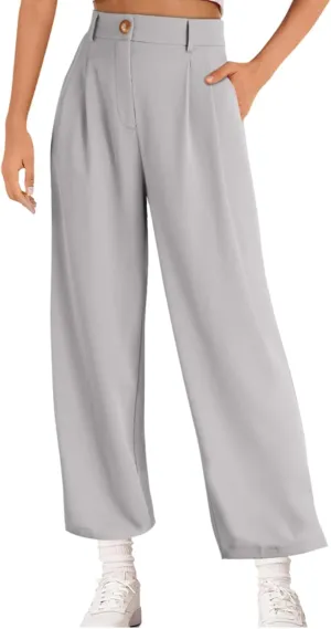 Women Casual Loose Suit Pants Dressy High Waisted Business Work Pant Plain Office Wide Leg Trousers with Pockets