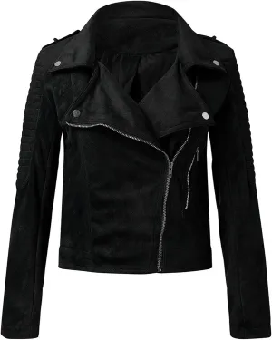 Women Faux Leather Casual Jackets Zip Pockets Cropped Pleather Jacket Plus Size Slim Lapel Punk Motorcycle Bike Coat
