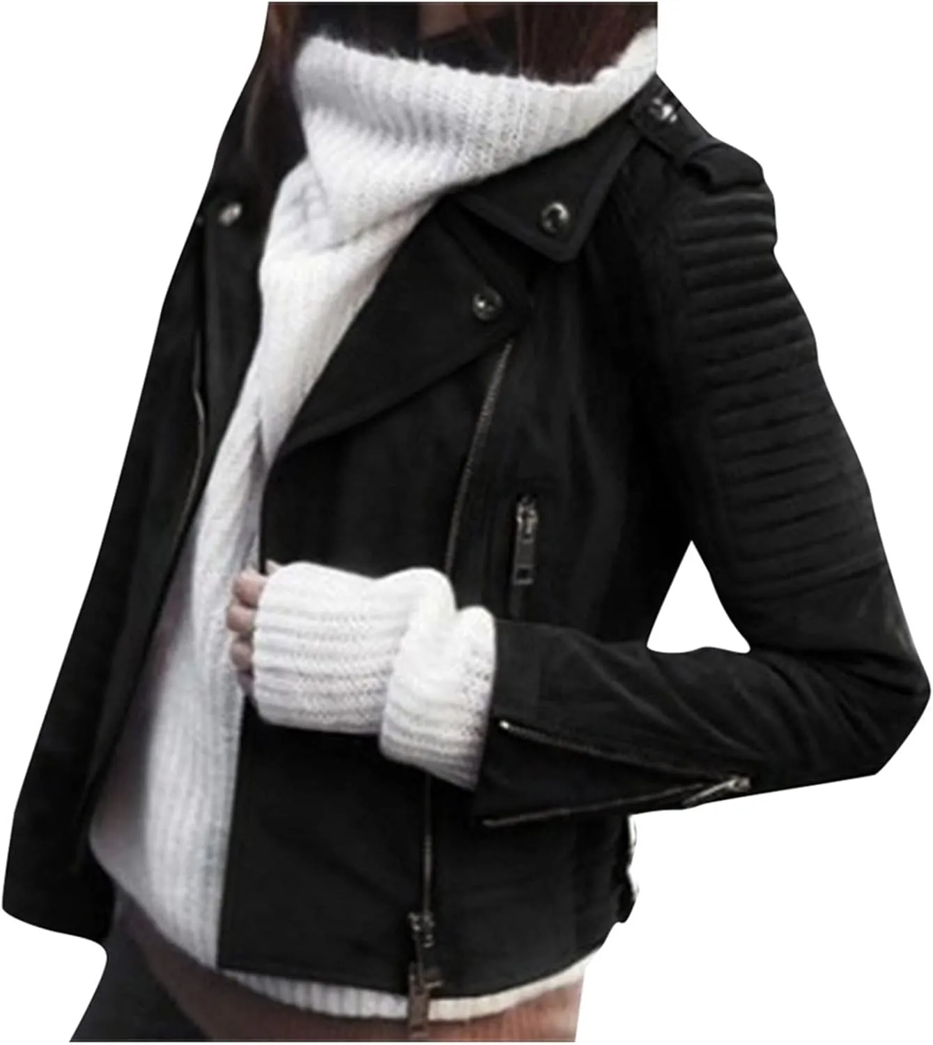 Women Faux Leather Casual Jackets Zip Pockets Cropped Pleather Jacket Plus Size Slim Lapel Punk Motorcycle Bike Coat