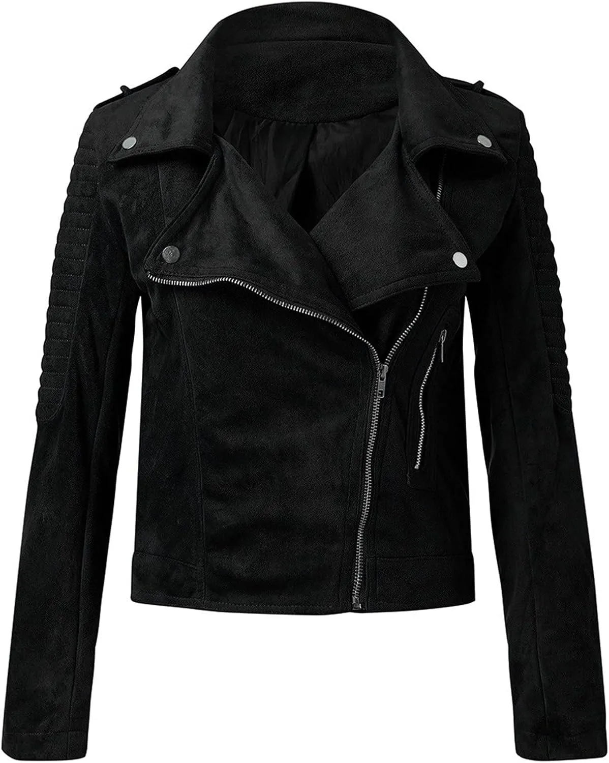 Women Faux Leather Casual Jackets Zip Pockets Cropped Pleather Jacket Plus Size Slim Lapel Punk Motorcycle Bike Coat