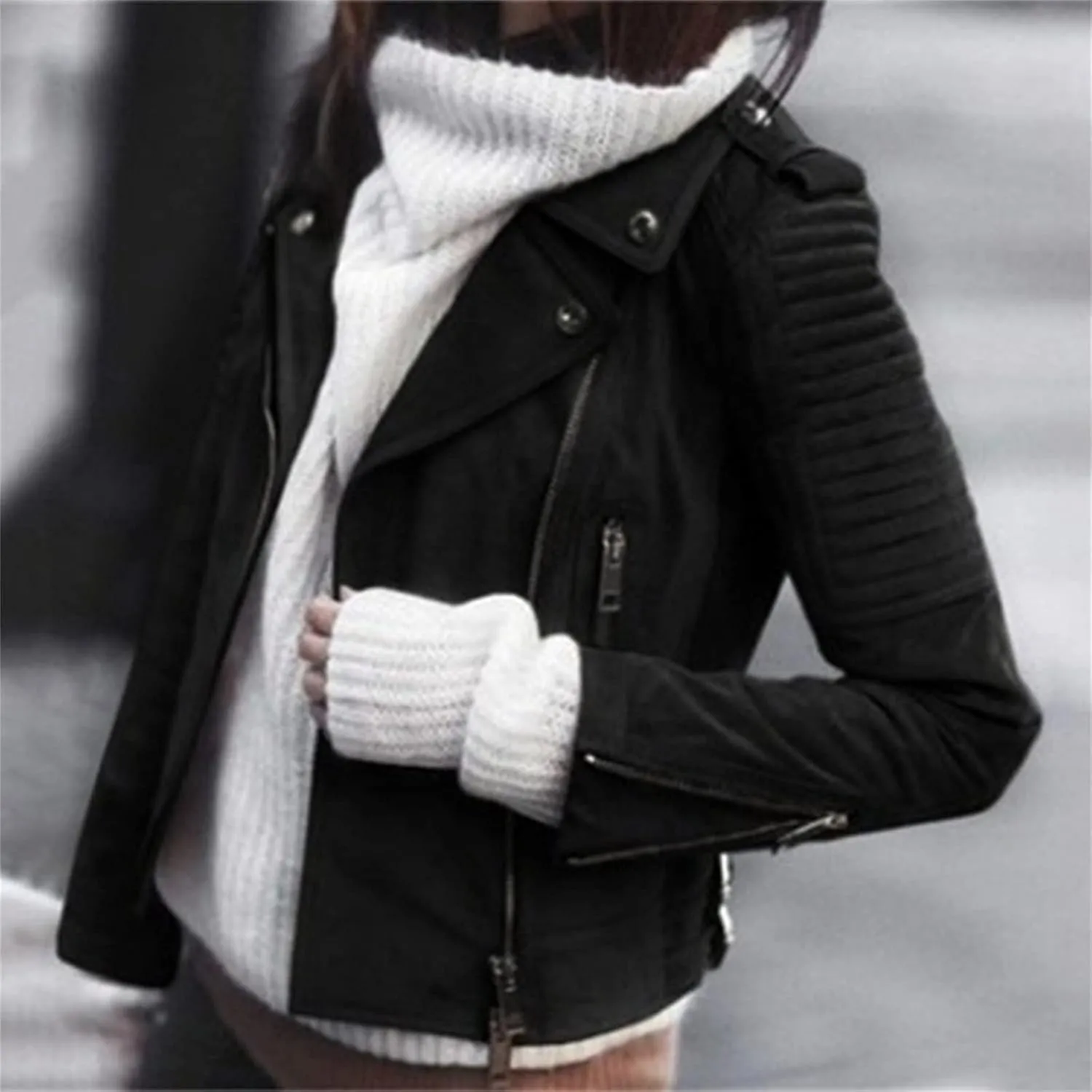 Women Faux Leather Casual Jackets Zip Pockets Cropped Pleather Jacket Plus Size Slim Lapel Punk Motorcycle Bike Coat