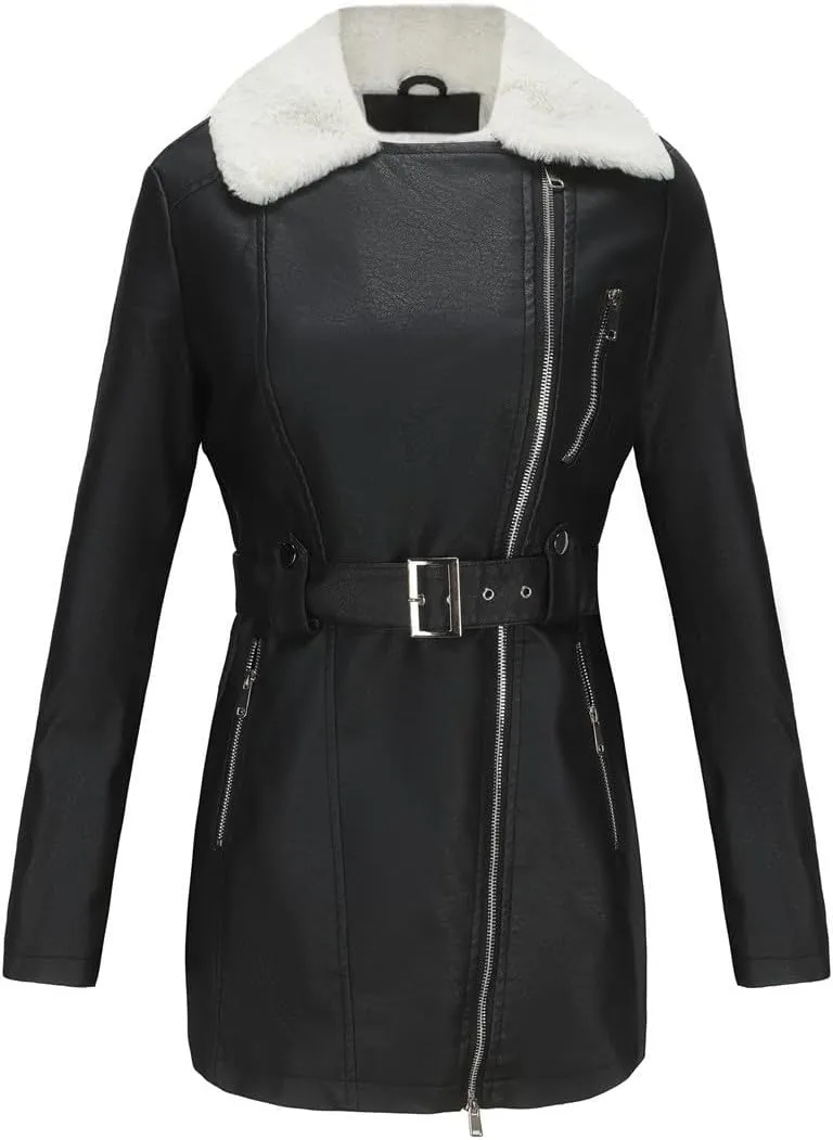 Women Faux Leather Moto Jacket Sherpa Fleece Lined Parka Coat Fall Fashion Motorcycle Coats Winter Outfits with Belt
