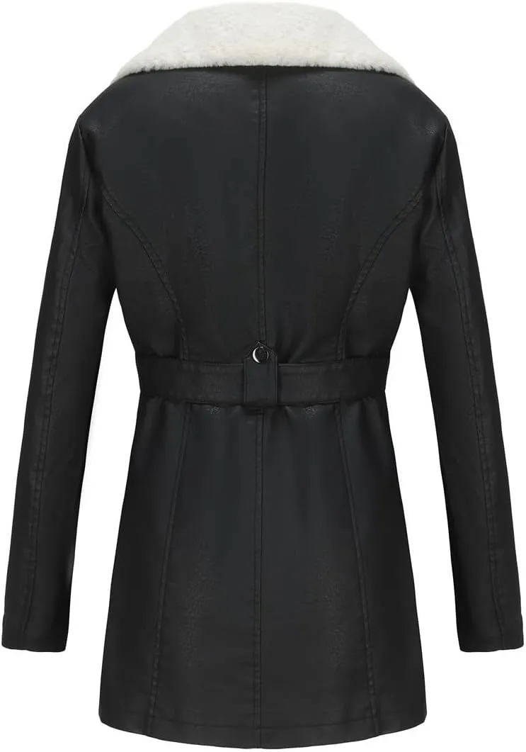 Women Faux Leather Moto Jacket Sherpa Fleece Lined Parka Coat Fall Fashion Motorcycle Coats Winter Outfits with Belt