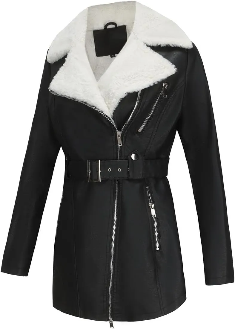 Women Faux Leather Moto Jacket Sherpa Fleece Lined Parka Coat Fall Fashion Motorcycle Coats Winter Outfits with Belt