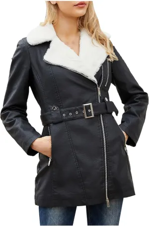 Women Faux Leather Moto Jacket Sherpa Fleece Lined Parka Coat Fall Fashion Motorcycle Coats Winter Outfits with Belt